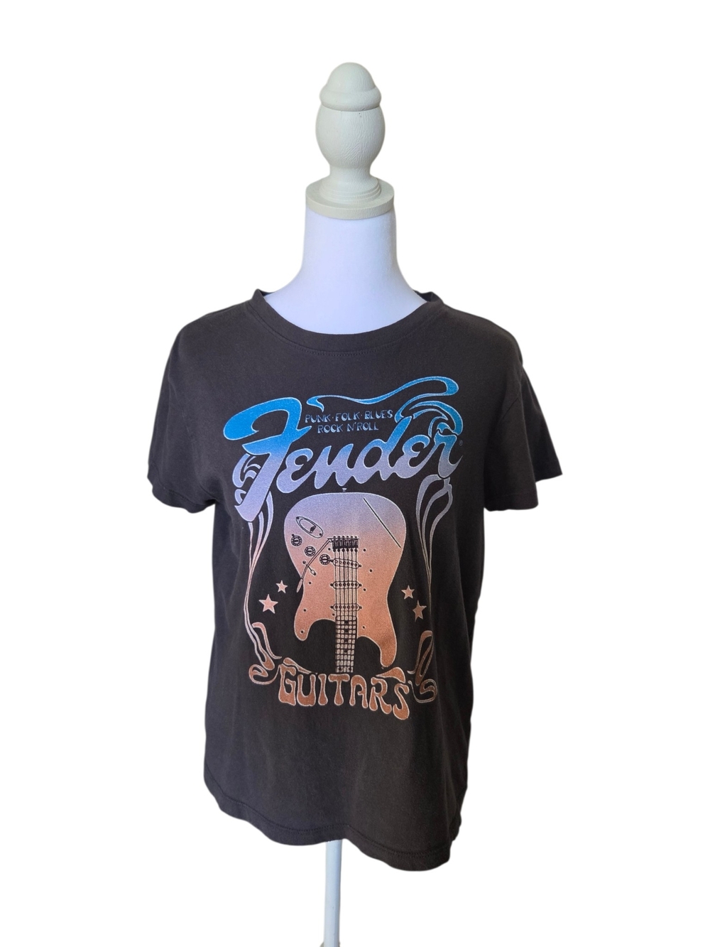 Fender Black Tee with Blue Logo and Copper Guitar Graphic